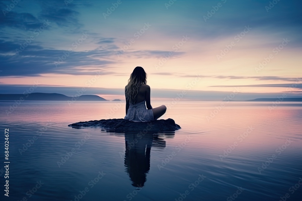 Solitary Woman Meditating at Lake at Sunset