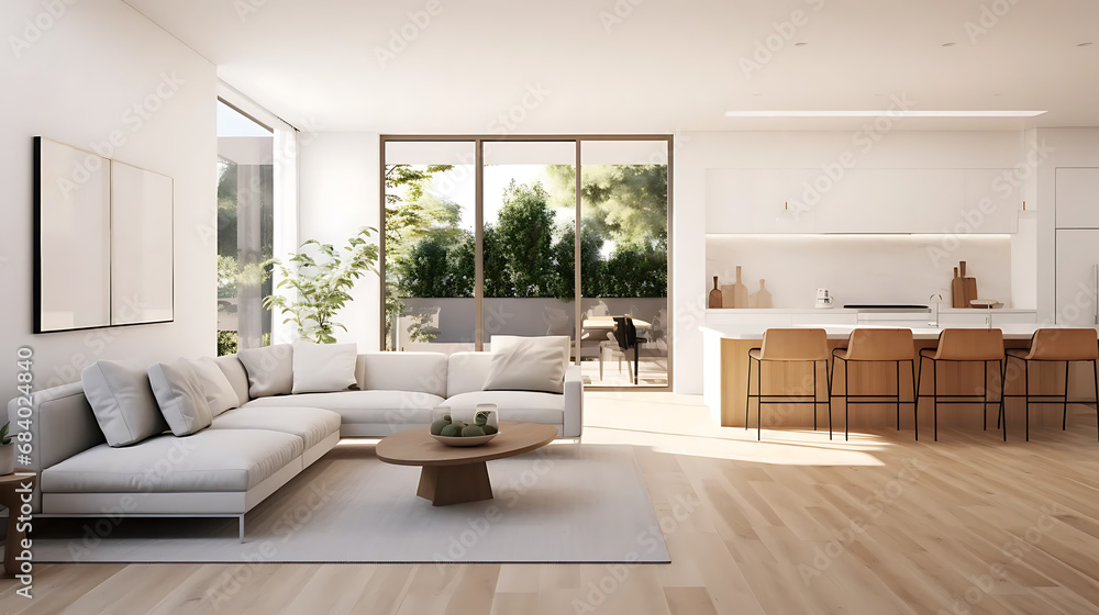 A modern minimalist home interior design with clean lines, sleek furniture, and neutral color palette, featuring an open-concept living space connected to a spacious kitchen, bathed in natural light A modern minimalist home interior design with clean lines, sleek furniture, and neutral color palette, featuring an open-concept living space connected to a spacious kitchen, bathed in natural light
