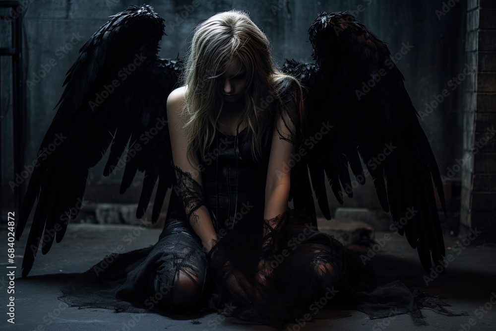 Fototapeta premium Troubled Fallen Angel with Dark Wings in Shadows