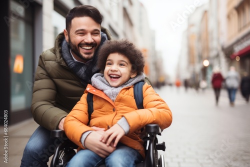 Caucasian father with his disabled child daughter in wheelchair laugh in city street