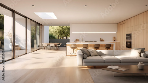 A modern minimalist home interior design with clean lines, sleek furniture, and neutral color palette, featuring an open-concept living space connected to a spacious kitchen, bathed in natural light © Alin