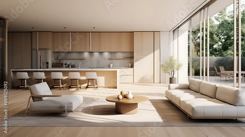 A modern minimalist home interior design with clean lines  sleek furniture  and neutral color palette  featuring an open-concept living space connected to a spacious kitchen  bathed in natural light