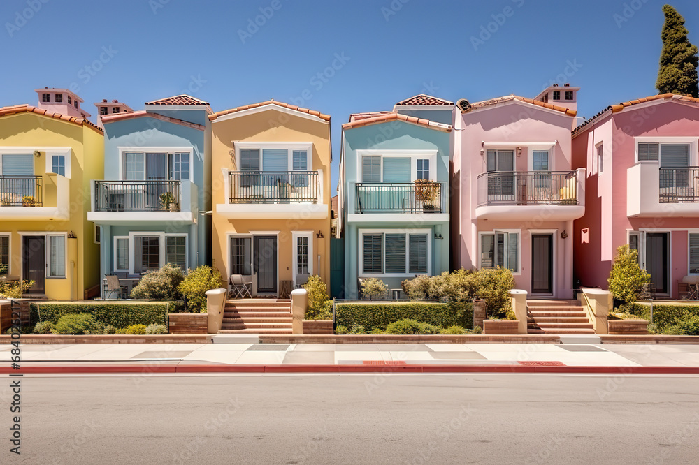 Urban Diversity Vibrant Condominium and Hotel with Balconies, Adorned by Colorful Stucco Finish Traditional Private Townhouses. created with Generative AI