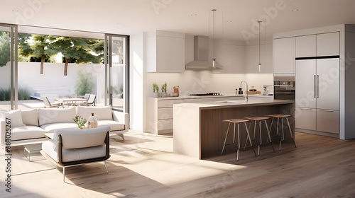 A modern minimalist home interior design with clean lines, sleek furniture, and neutral color palette, featuring an open-concept living space connected to a spacious kitchen, bathed in natural light photo