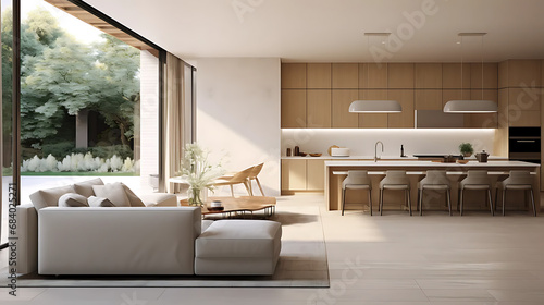 A modern minimalist home interior design with clean lines, sleek furniture, and neutral color palette, featuring an open-concept living space connected to a spacious kitchen, bathed in natural light © Alin