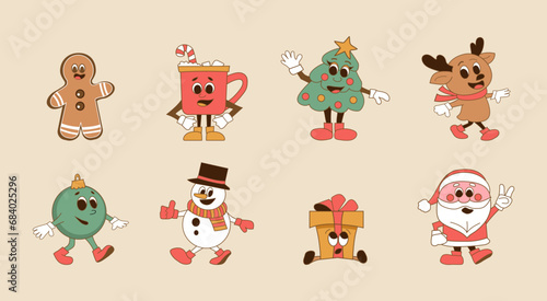 Set of Christmas stickers on beige background