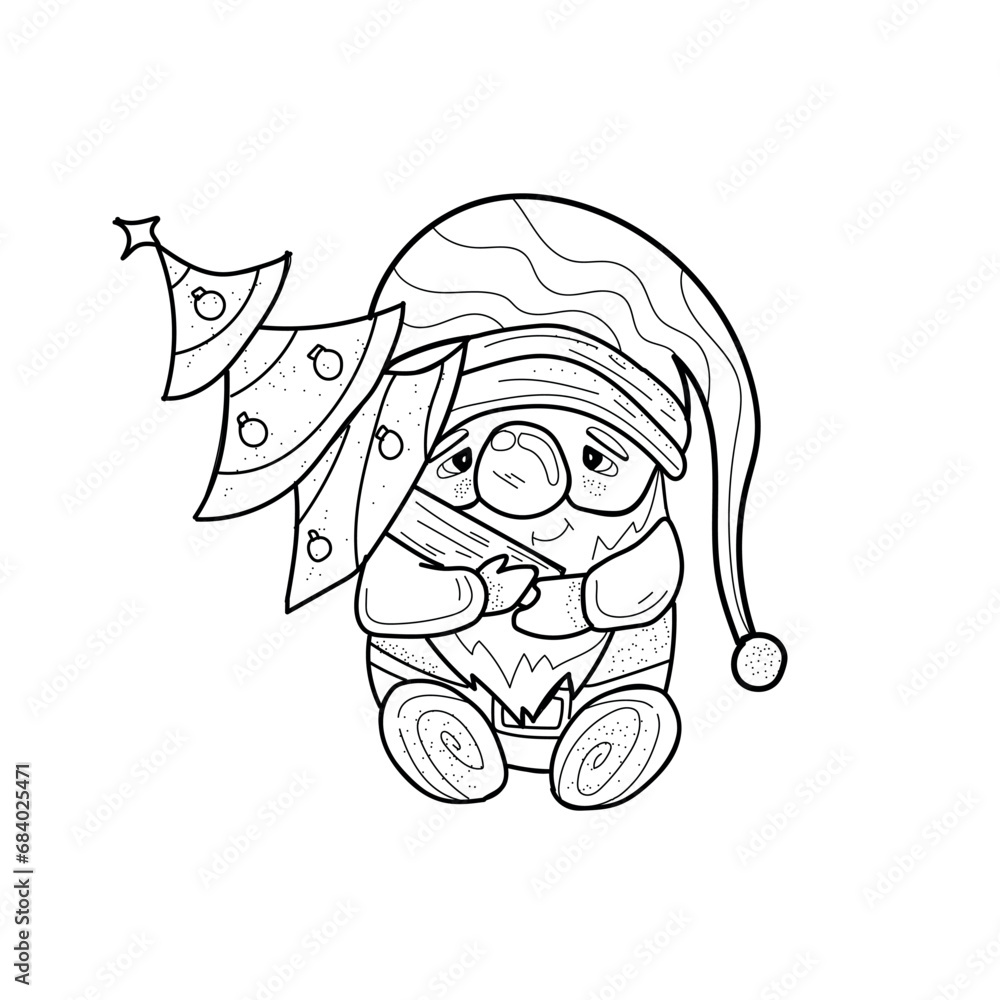 Cute drawn New Year gnome with Christmas tree on white background