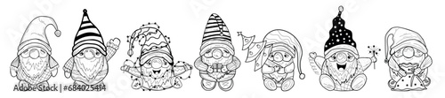Set of cute drawn New Year gnomes on white background