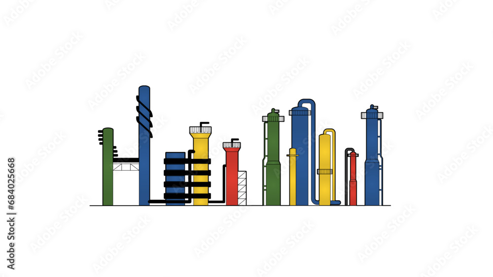 Refinery color drawing showing crude oil distillation and gas processing units with vessels, columns, piping, and catwalk Refinery color drawing showing crude oil distillation and gas processing units with vessels, columns, piping, and catwalk
