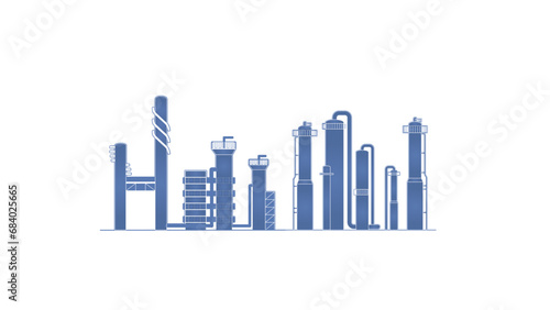 Refinery blueprint drawing showing crude oil distillation and gas processing units with vessels, columns, piping, and catwalk