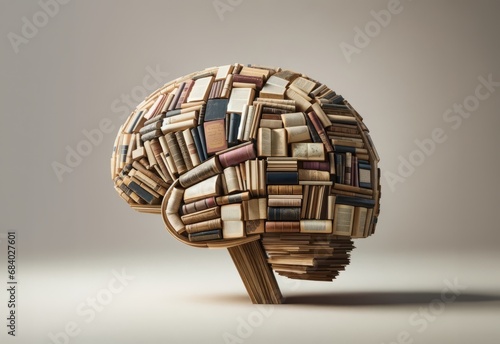 Abstract Cognitive Concept Art, Books Forming Brain Shape, Symbolizing Wisdom, Mental Exercise