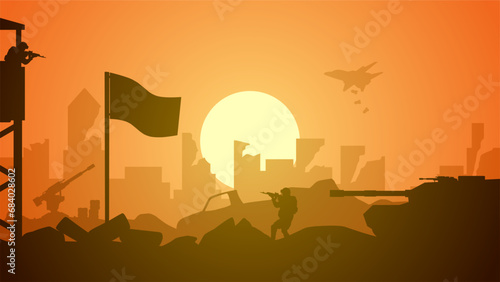 War battlefield vector illustration. Illustration of soldier and military vehicle at war conflict. Battleground landscape for illustration, background or wallpaper. Landscape destroyed city at war