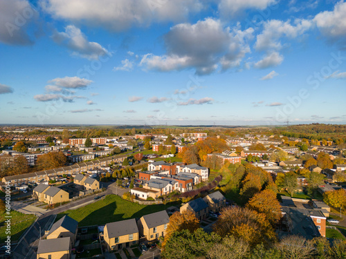 English Residential Area in Autumn, Aerial View from 120 Meters