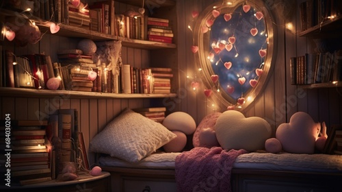 A cozy bookshelf filled with romantic novels, adorned with fairy lights and a heart-shaped trinket box.