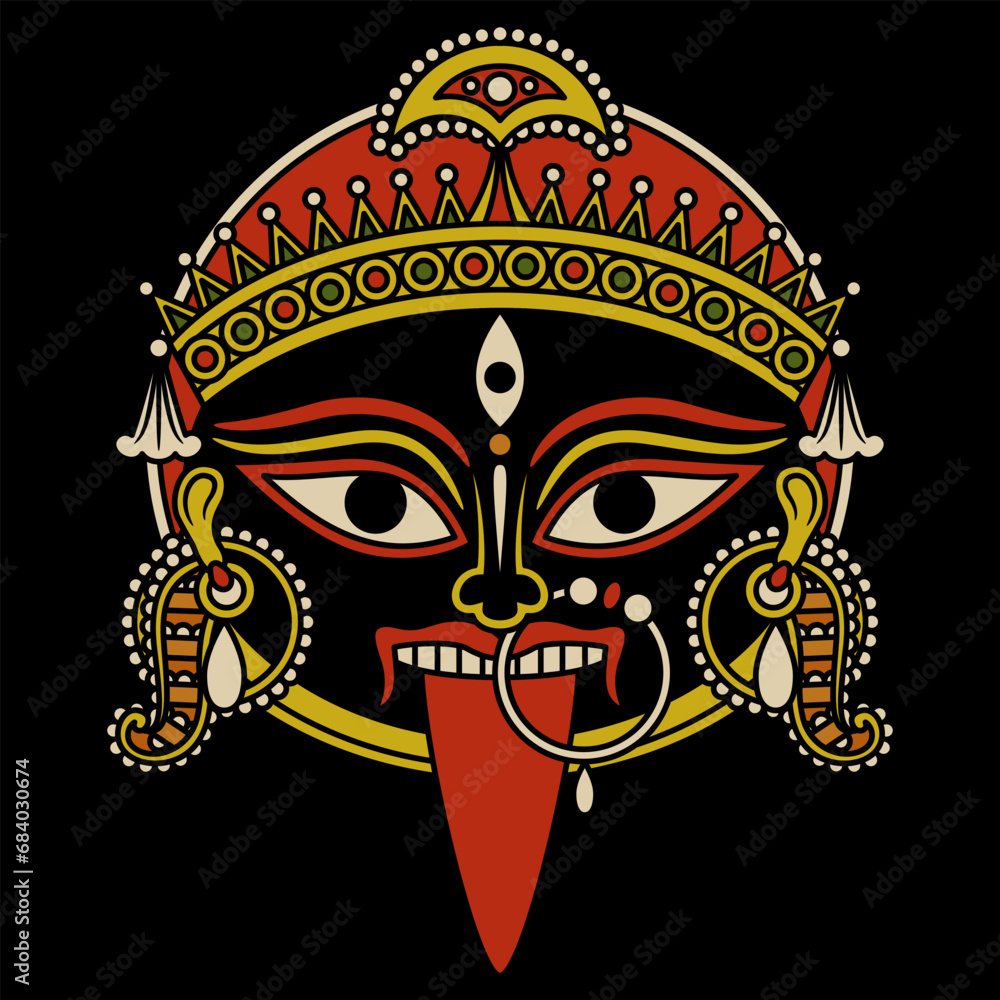 Head of goddess Kali. Hindu mask. Ethnic design. Indian female deity of destruction. On black background.