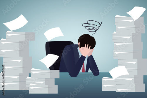 Overworked. Regret on business mistake, frustration or depressed, stressed and anxiety on failure concept, frustrated businessman holding his head sitting with pile of papers.