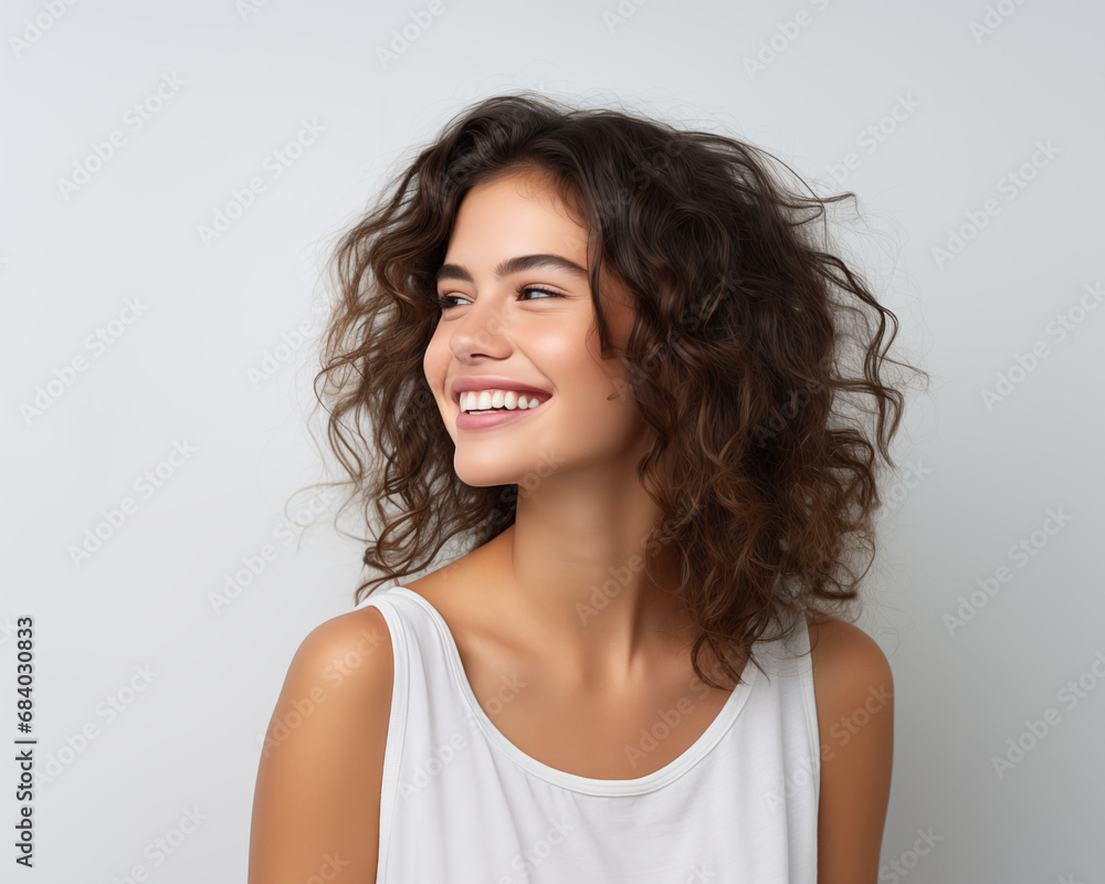 Curly-Haired Brunette in White - Fashion Portrait in White Studio Curly-Haired Brunette in White - Fashion Portrait in White Studio