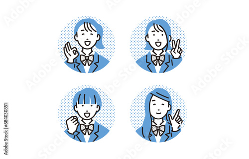 笑顔でポーズをする高校生女子アイコンセット