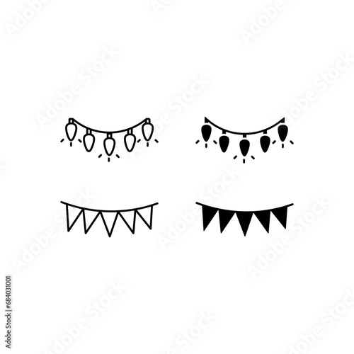 Flag icon and twinkling lights for parties, New Year's party decorations. Vector illustration with line style and black fill isolated on white background editable.