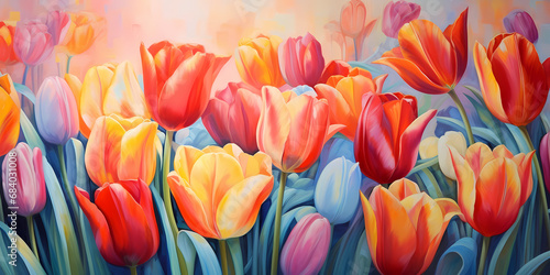 Bright pastel colored tulip garden.