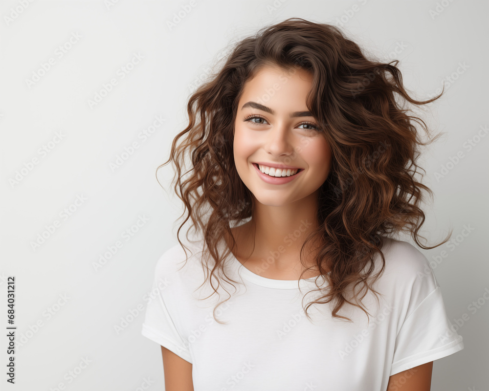 Curly-Haired Brunette in White - Fashion Portrait in White Studio Curly-Haired Brunette in White - Fashion Portrait in White Studio
