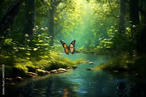 Macro to orange butterfly in green forest with blue lake.