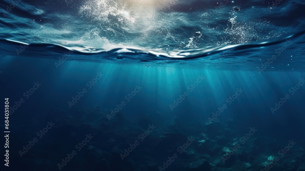 Underwater image of sunrays going deep down  - obrazy, fototapety, plakaty 