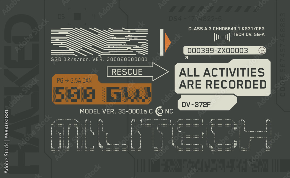 Cyberpunk decals set. Set of vector stickers and labels in futuristic style. Warning signs, futuristic Inscriptions and technical symbols.