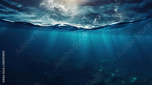 Underwater image of sunrays going deep down  photo