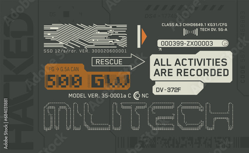 Cyberpunk decals set. Set of vector stickers and labels in futuristic style. Warning signs, futuristic Inscriptions and technical symbols.