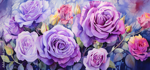 watercolor, purple pastel-colored rose garden.  © Halem