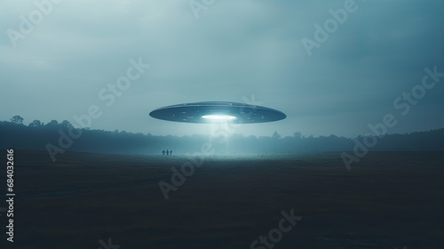 Hovering above a nocturnal field  a UFO captured in a style of a random observer s perspective.