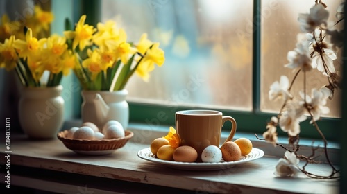 Bouquet of daffodils in a vase and eggs on the windowsill