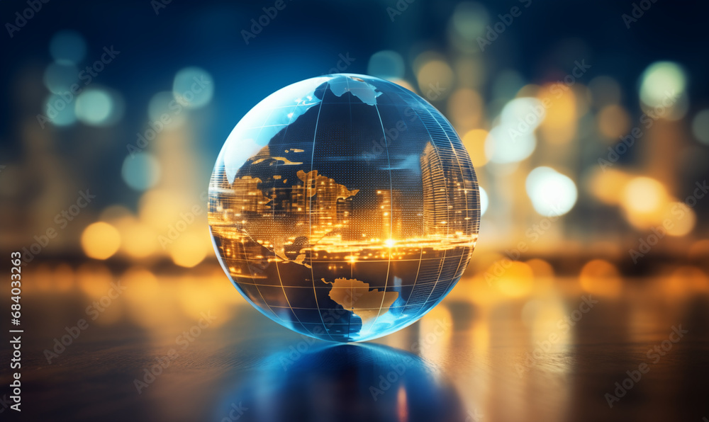 Illuminated Globe on Cityscape Background - Global Connectivity Concept - obrazy, fototapety, plakaty 