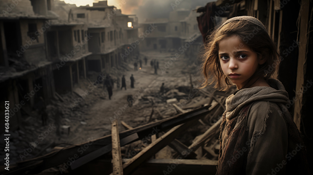 Criança em uma cidade devastada pela guerra, vítima devastação batalha conflito infância