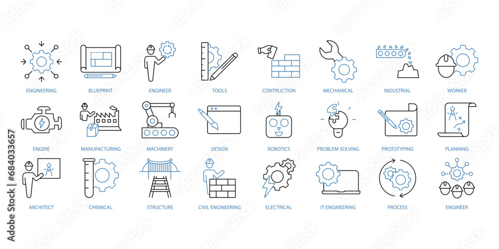 Engineering icons set. Set of editable stroke icons.Vector set of Engineering Engineering icons set. Set of editable stroke icons.Vector set of Engineering