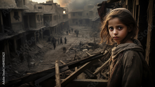 Criança em uma cidade devastada pela guerra, vítima devastação batalha conflito infância photo