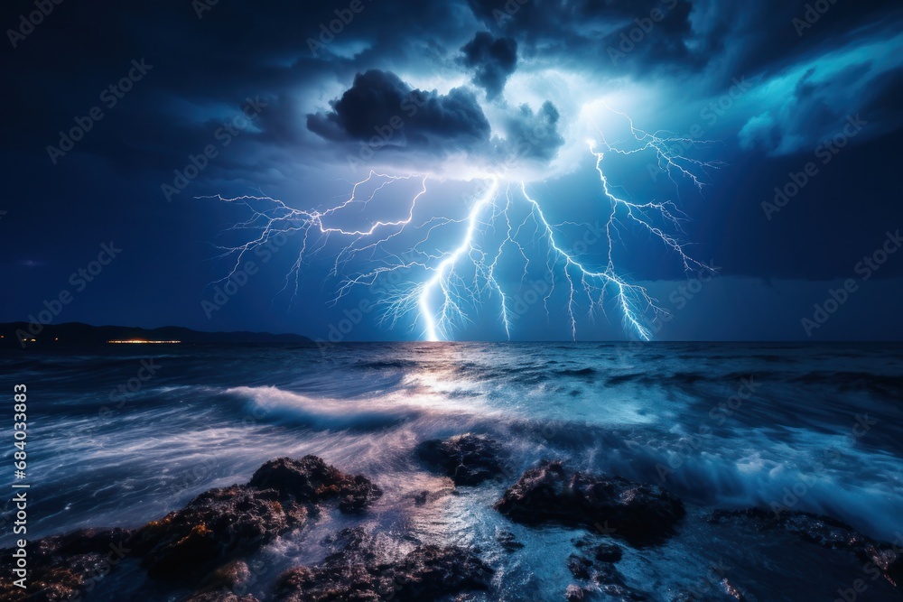 lightning striking over water
