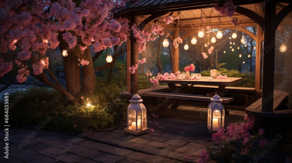 A picturesque gazebo draped in fairy lights and surrounded by blooming cherry blossom trees in a secluded garden.