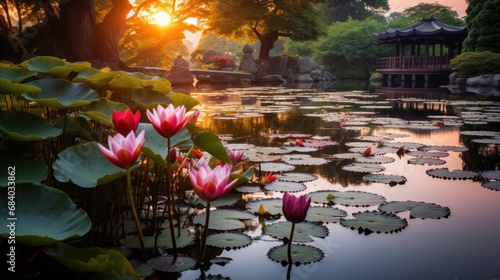 a pond with lily pads and flowers photo