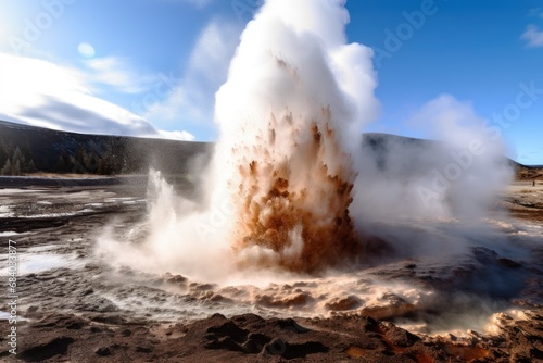 a geyser erupting in a dirt field