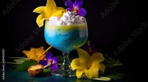 a glass with blue and yellow liquid and flowers