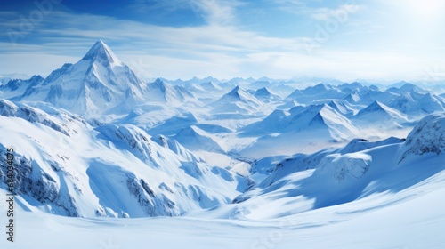 a snowy mountain range with blue sky