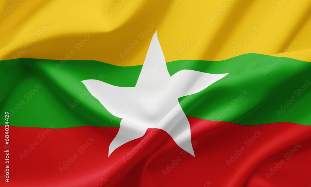 Closeup Waving Flag of Myanmar Closeup Waving Flag of Myanmar