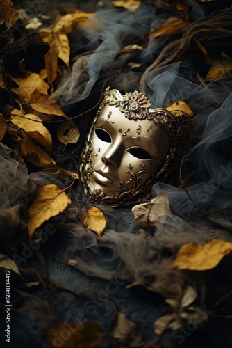 a mask on a bed of leaves