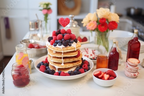 A quaint breakfast bar decorated with heart-shaped pancakes, assorted berries, and jars filled with love-themed toppings for a Valentine's brunch.