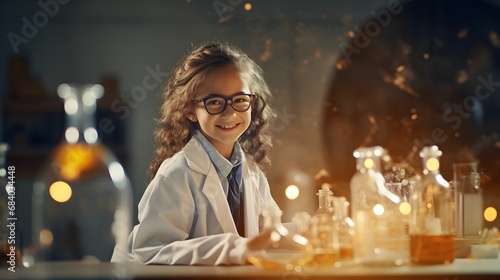 Curious student, medium shot of a young student examining a chemical reaction in a school lab, her wonder and curiosity evident in her expression.