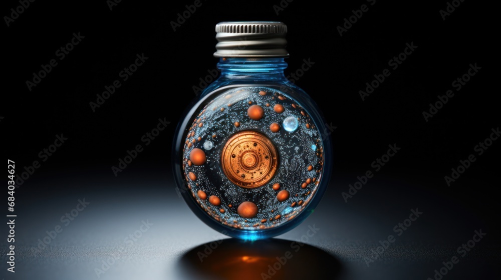 a blue bottle with a silver cap and a round blue bottle with a silver cap and a silver cap with a gold circle inside a blue bottle with a silver cap and a round blue bottle with a silver cap and a silver cap with a gold circle inside