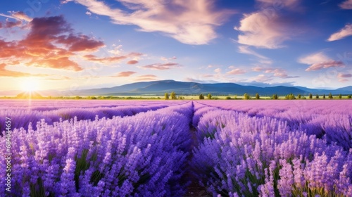 a field of lavender with mountains in the background