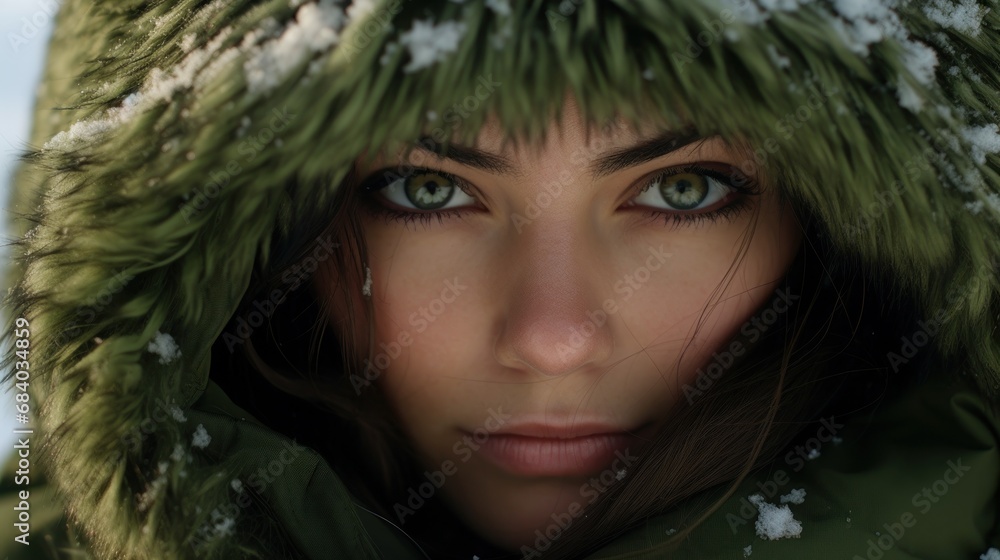 a woman with green eyes wearing a hood a woman with green eyes wearing a hood
